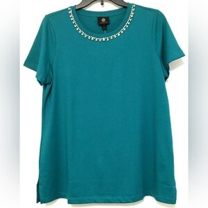 JM Collection Womens Size M Neo Jade Short Sleeve Embellished Neck T-Shirt Top